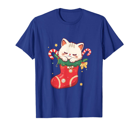 Cute Cat in Christmas Stocking Kawaii Anime Xmas Gift T-Shirt