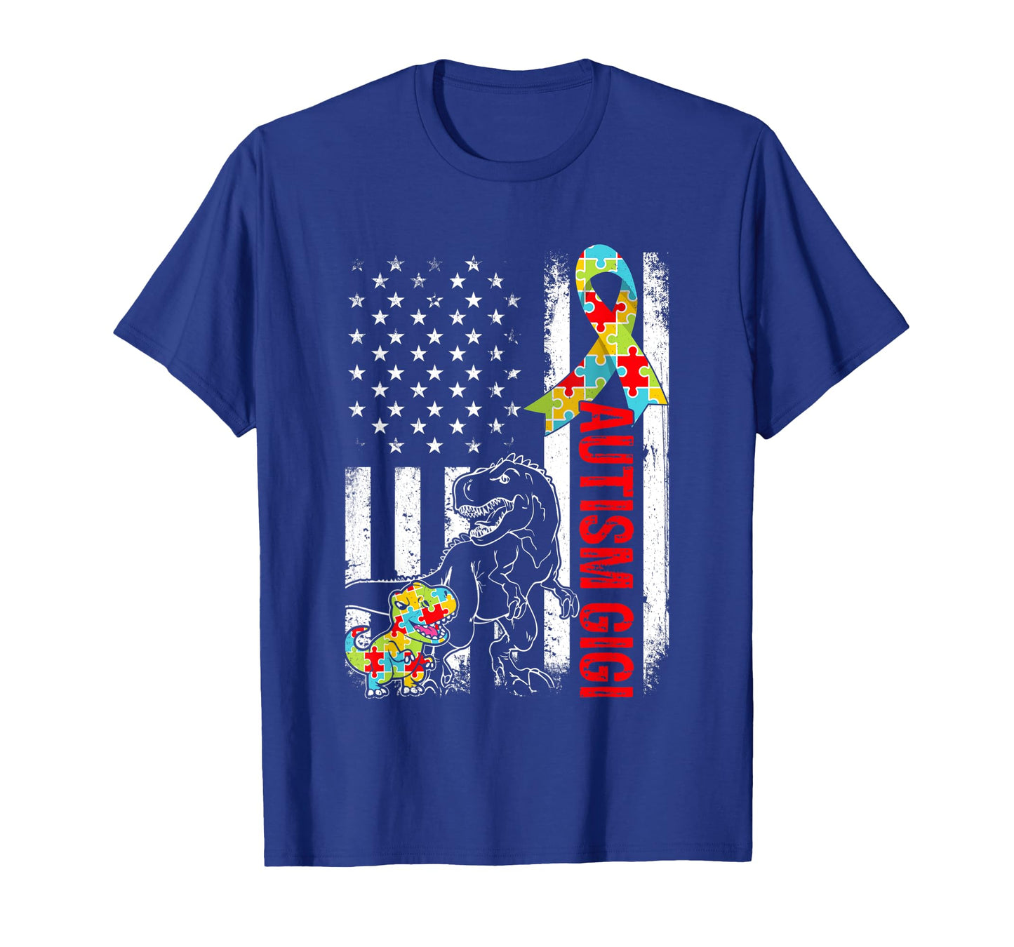 American Flag Autism Gigi Dinosaur Awareness Autistic Women Kids Men T-Shirt