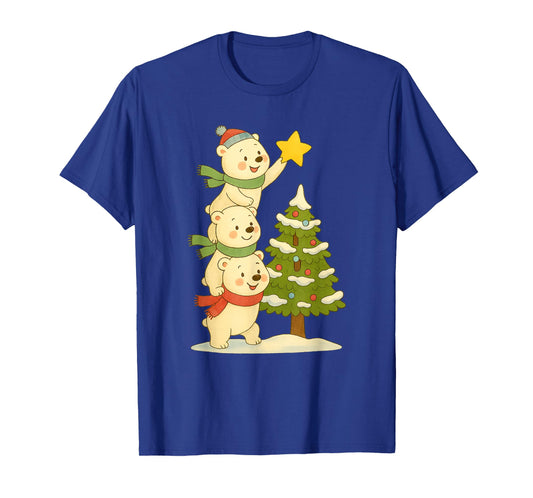 Cute Polar Bear Stacking Star on Tree Christmas T-Shirt