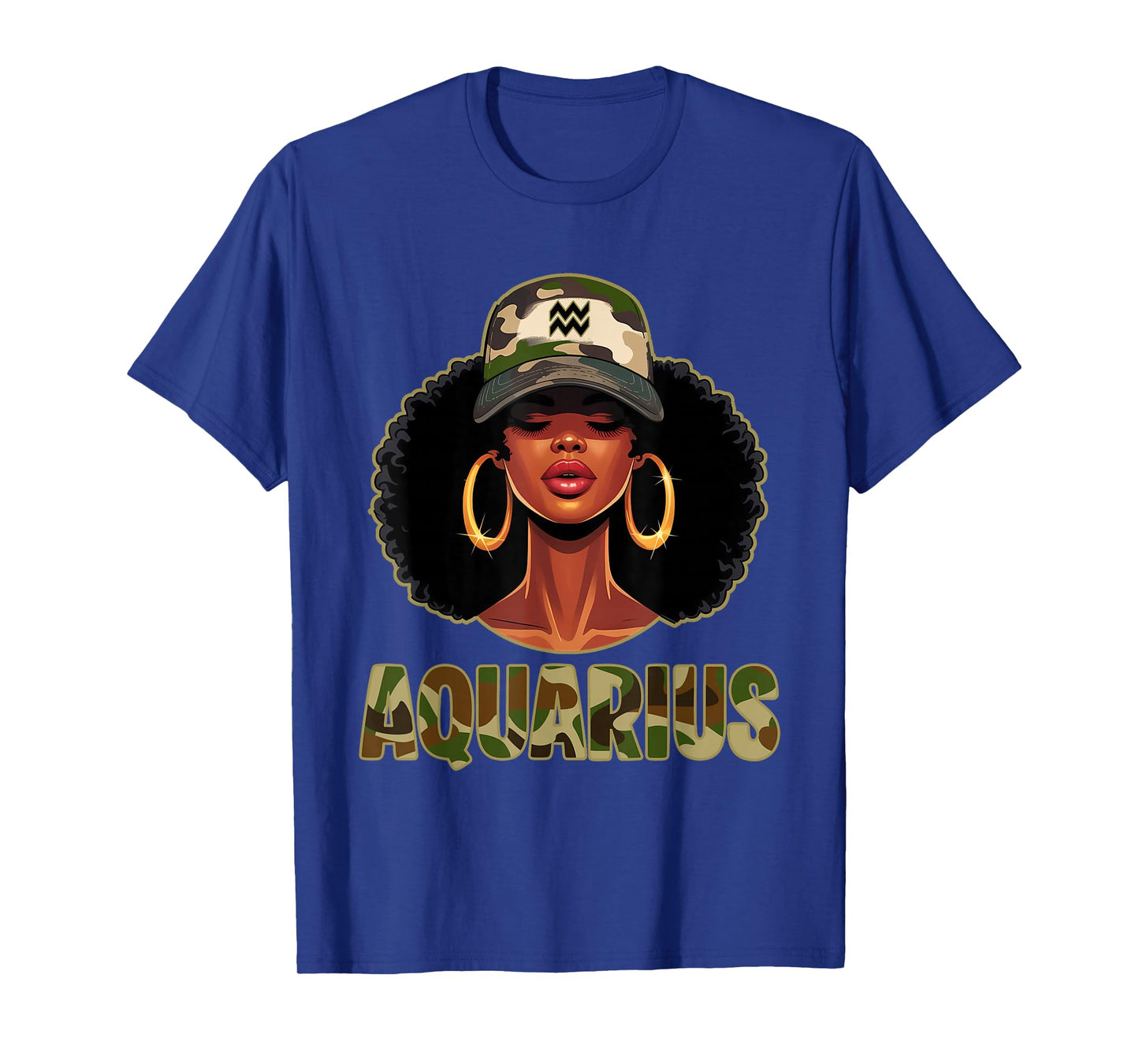 Aquarius Queen Black Woman with Cap Camo Afro Girl Zodiac T-Shirt