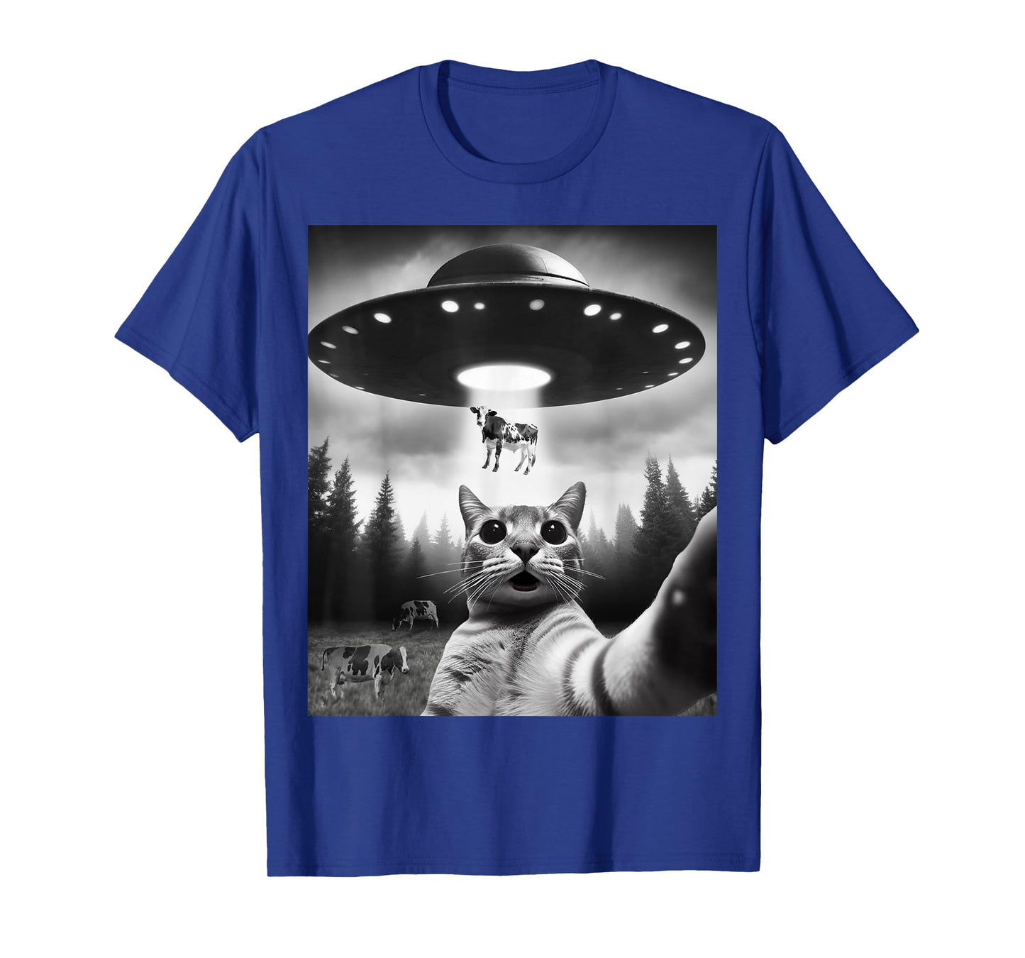 Funny Cat Selfie Flying Alien UFO Abducting Cow Cryptid Men Women Girls Kids T-Shirt
