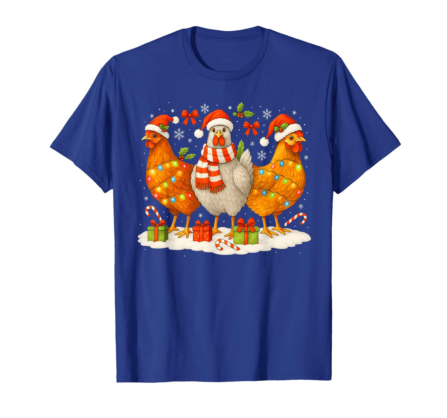 Chicken Christmas Lights Santa Hats Reindeer Funny Holiday T-Shirt