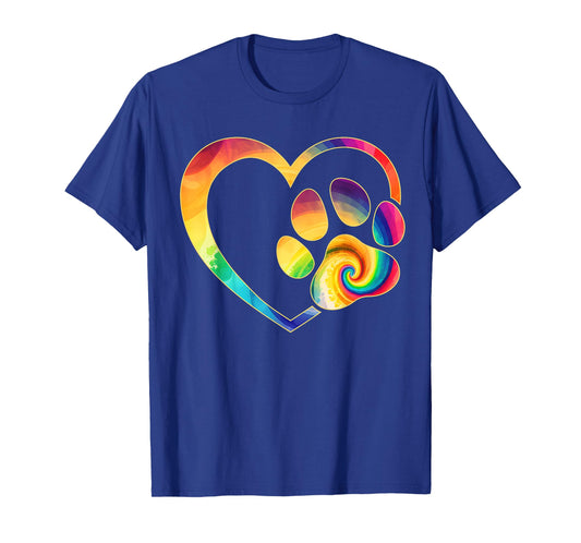 Cute Tie Dye Dog Paw Love Heart Print Colorful Pet Dog Lover T-Shirt