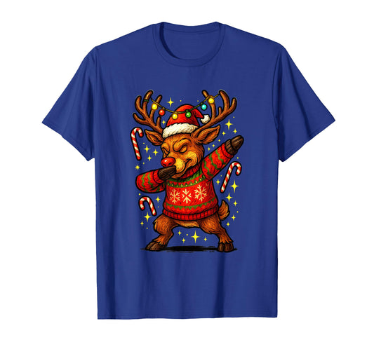 Funny Dabbing Reindeer Ugly Christmas Sweater Rudolph Lights T-Shirt