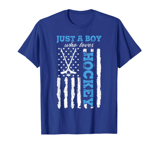 Just A Boy Who Loves Hockey USA Flag Ice Hockey Boys Kids T-Shirt