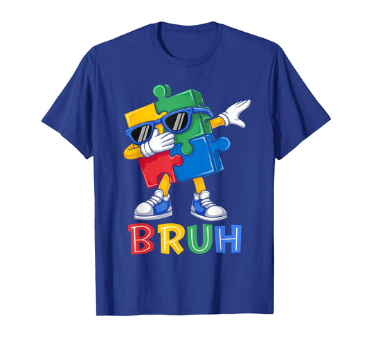 Autism Awareness Bruh Dabbing Puzzle Piece Dab Boy Teen Kids T-Shirt