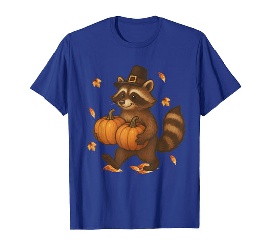 Cute Thanksgiving Raccoon with Pumpkins Pilgrim Fall Leaves T-Shirt