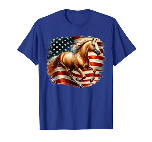 Patriotic Palomino Horse With American Flag Background T-Shirt