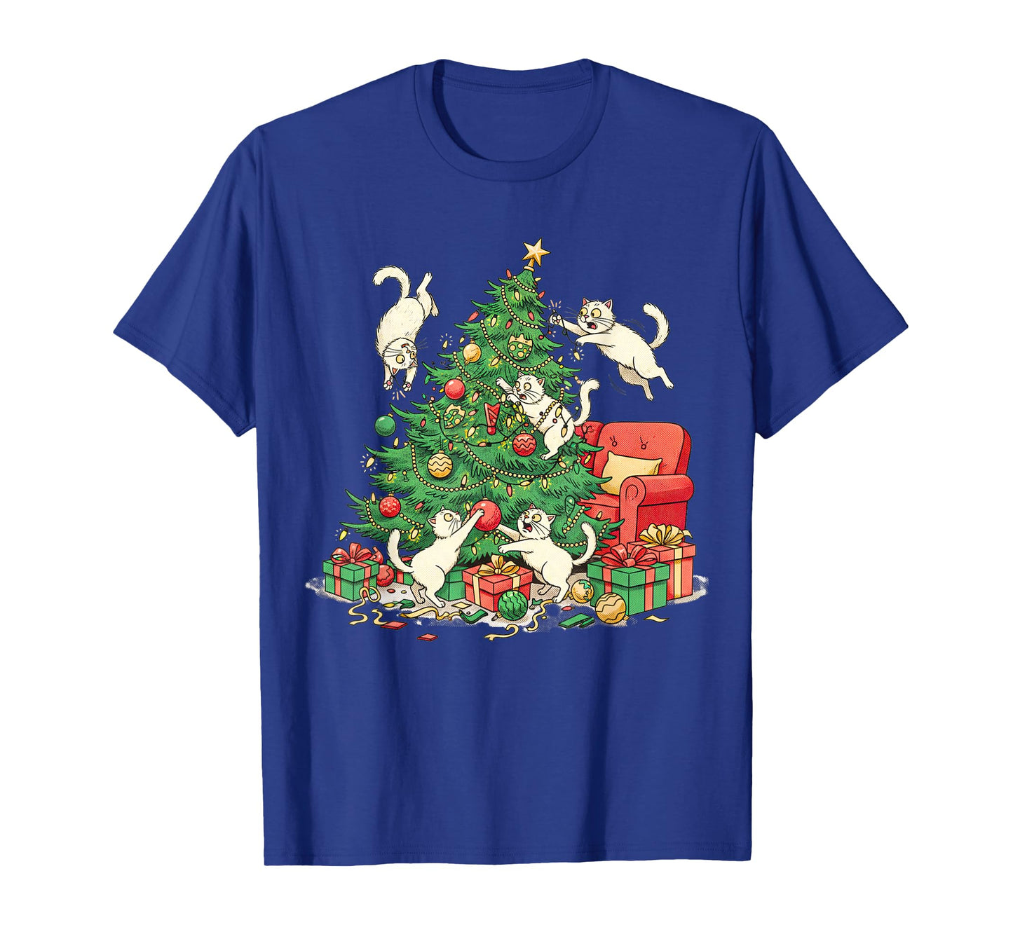 Funny Cat Christmas Tree Chaos Festive Holiday Art T-Shirt