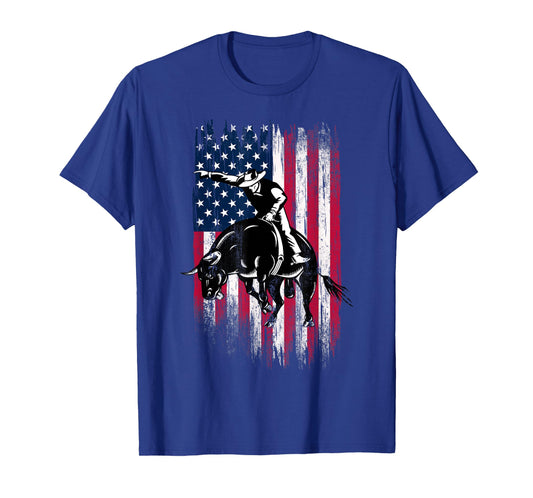 Rodeo Bull Rider Patriotic American Flag Cowboys T-Shirt Small