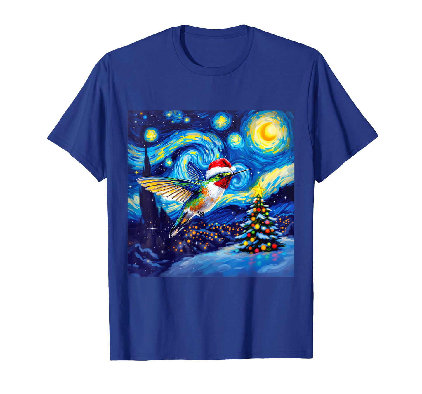 Christmas Hummingbird Santa Hat Van Gogh Starry Night T-Shirt
