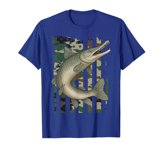 Alligator Gar with Camo American Flag, Fishing Alligator Gar T-Shirt