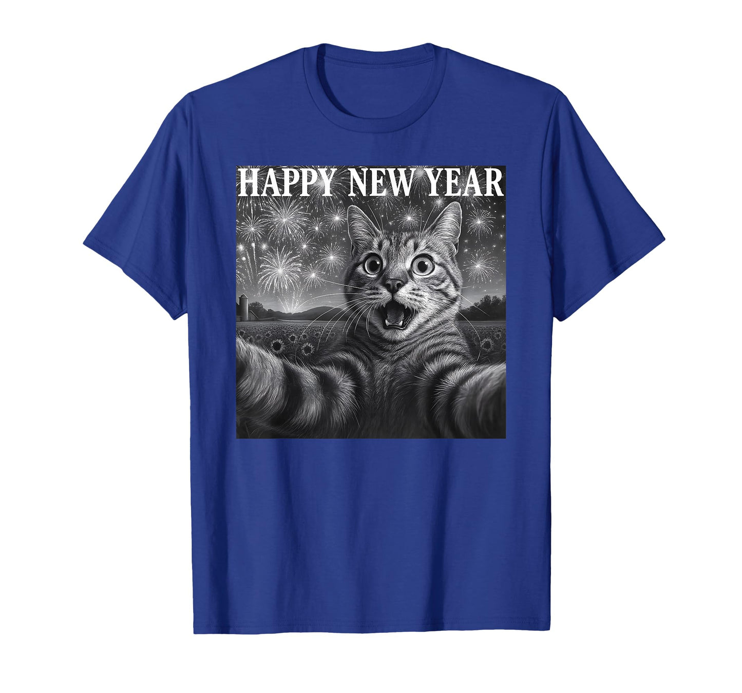 Cat Selfie with Firework Funny Cat Happy New Year Men Women T-Shirt