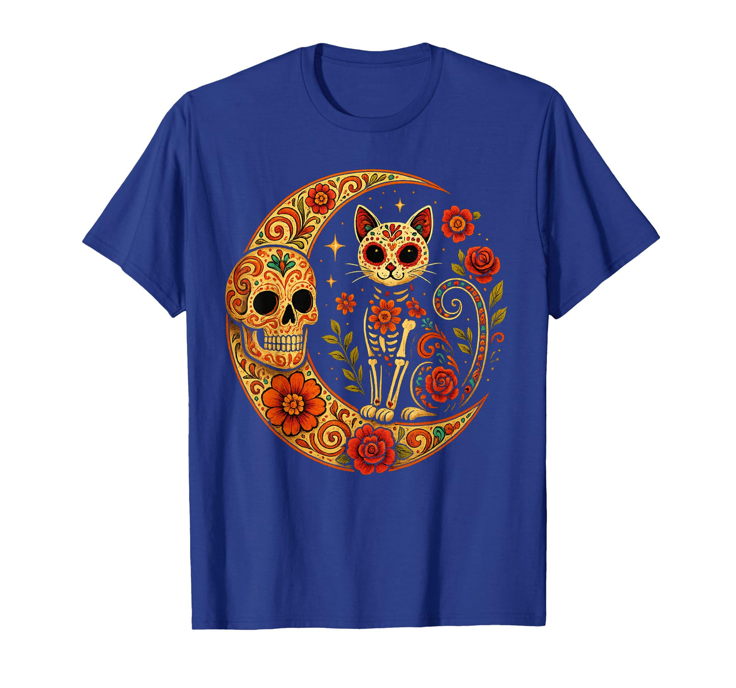 Sugar Skull Cat Moon Dia de Los Muertos Funny Halloween Cat T-Shirt