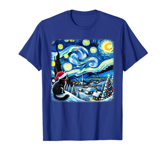 Christmas Van Gogh Starry Night Black Cat Santa Hat Xmas T-Shirt for Men Women Kids