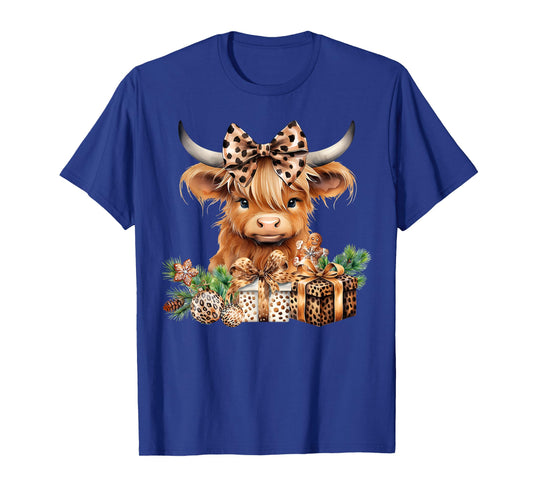 Baby Highland Cow Merry Christmas Leopard Cute Cow Farmer T-Shirt