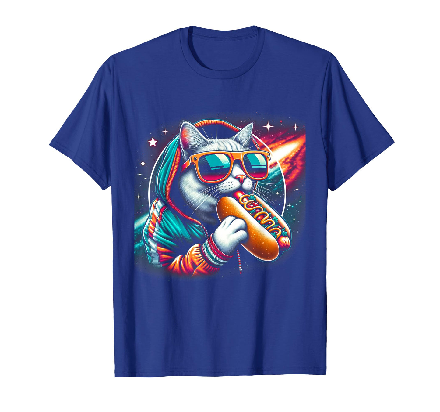Funny Cat eating Hotdog in space kitty Space Galaxy Men Women Kids T-Shirt