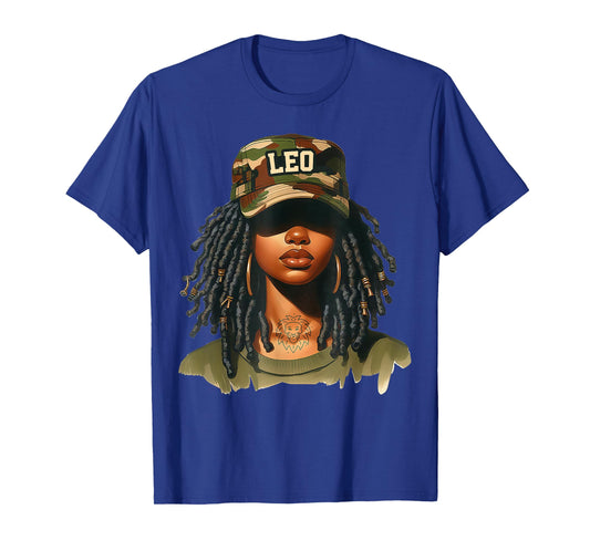 Leo Queen Black Girl with Cap Camo Afro Woman Zodiac T-Shirt