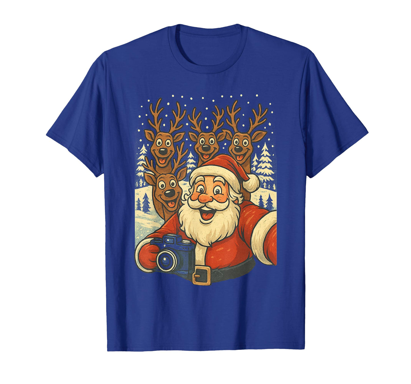 Retro Santa Reindeers Selfie Christmas Shirt Men Women Kids T-Shirt