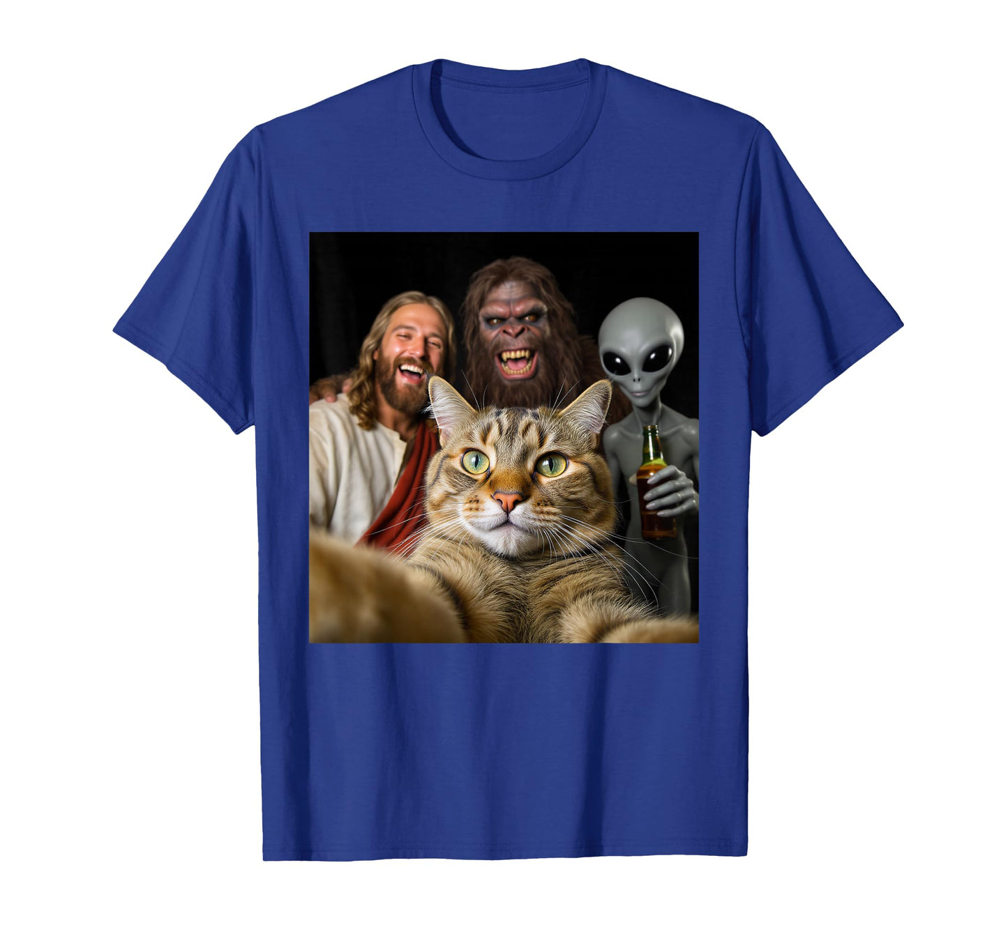 Funny Christmas Cat Selfie Bigfoot an Alien & Jesus Meme T-Shirt