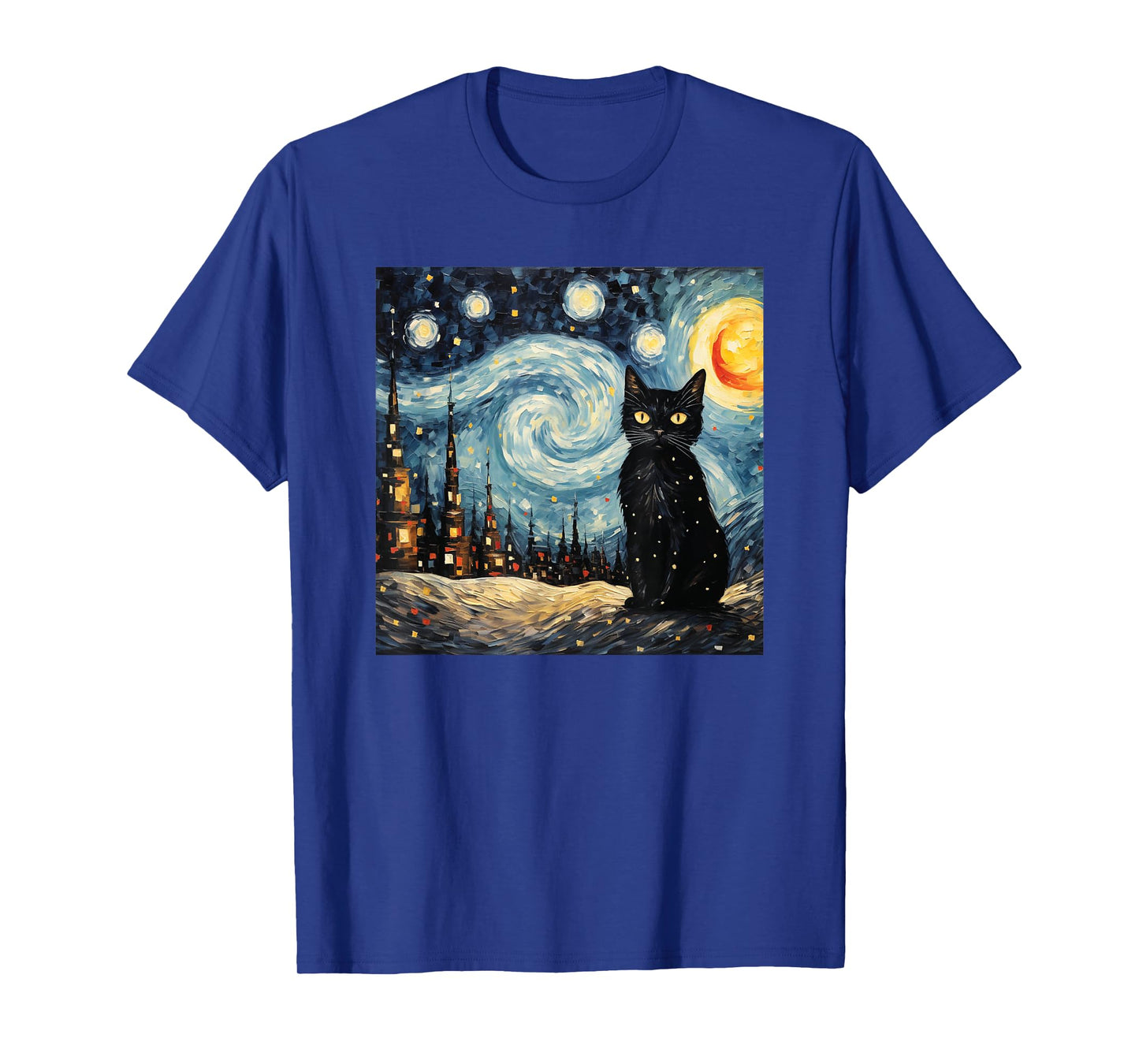 black cat Painting art Starry Night kitty kitten Van Gogh T-Shirt
