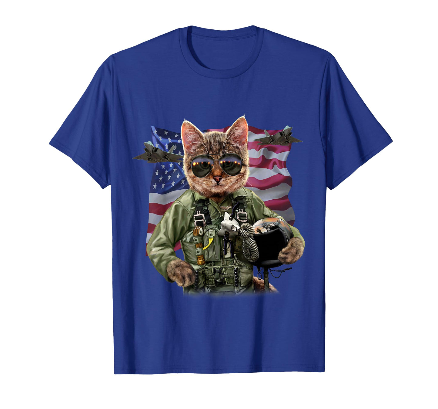Cat Fighter Pilot with American Flag and Jets T-Shirt