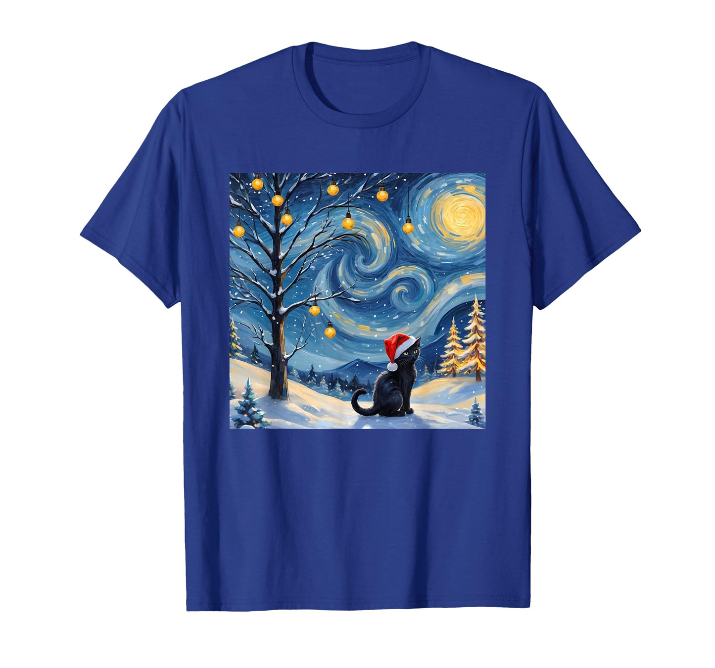 Christmas Van Gogh Starry Night Black Cat Santa Hat Vintage T-Shirt for Men Women Kids