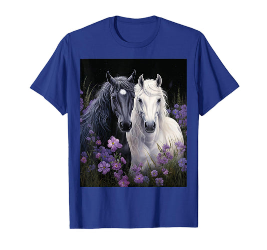 2 Horses standing in a meadow with flowers T-Shirt