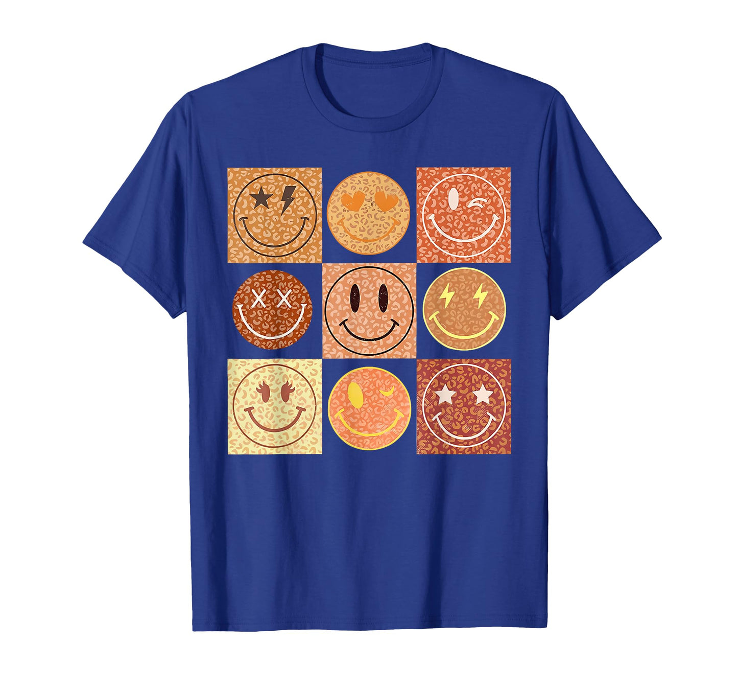 Retro Leopard Happy Face Checkered Pattern Smile Face T-Shirt