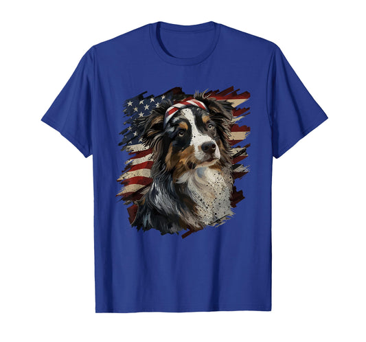 Australian Shepherd Patriotic 4th of July USA American Flag T-Shirt