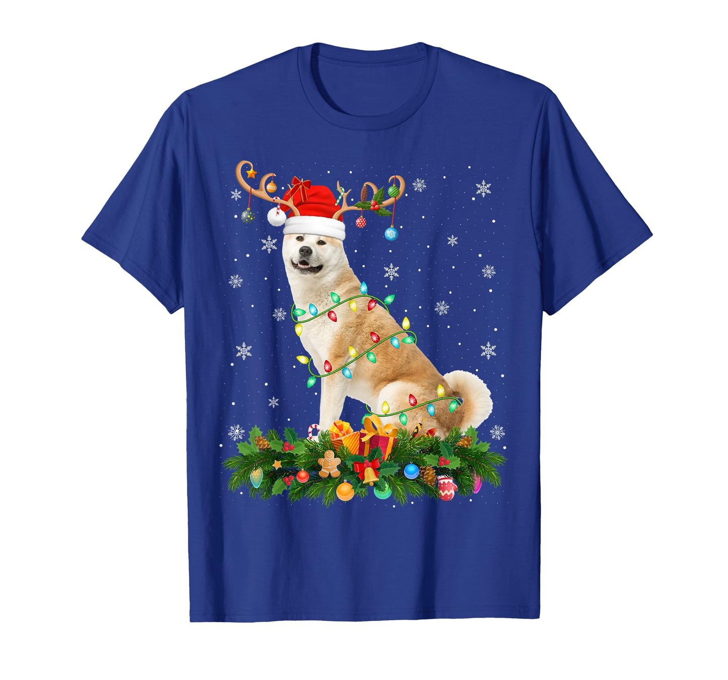 Akita Inu Christmas Lights Reindeer Santa Hat Dog Xmas T-Shirt