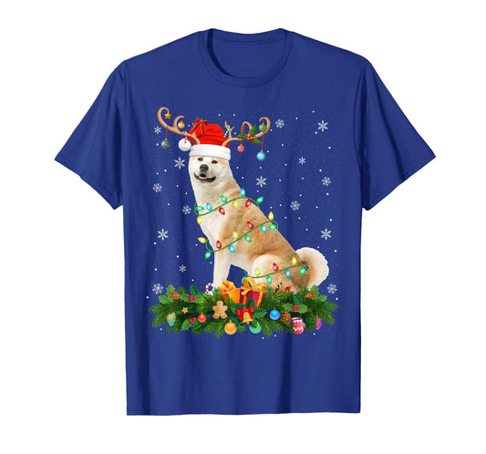 Akita Inu Christmas Lights Reindeer Santa Hat Dog Xmas T-Shirt