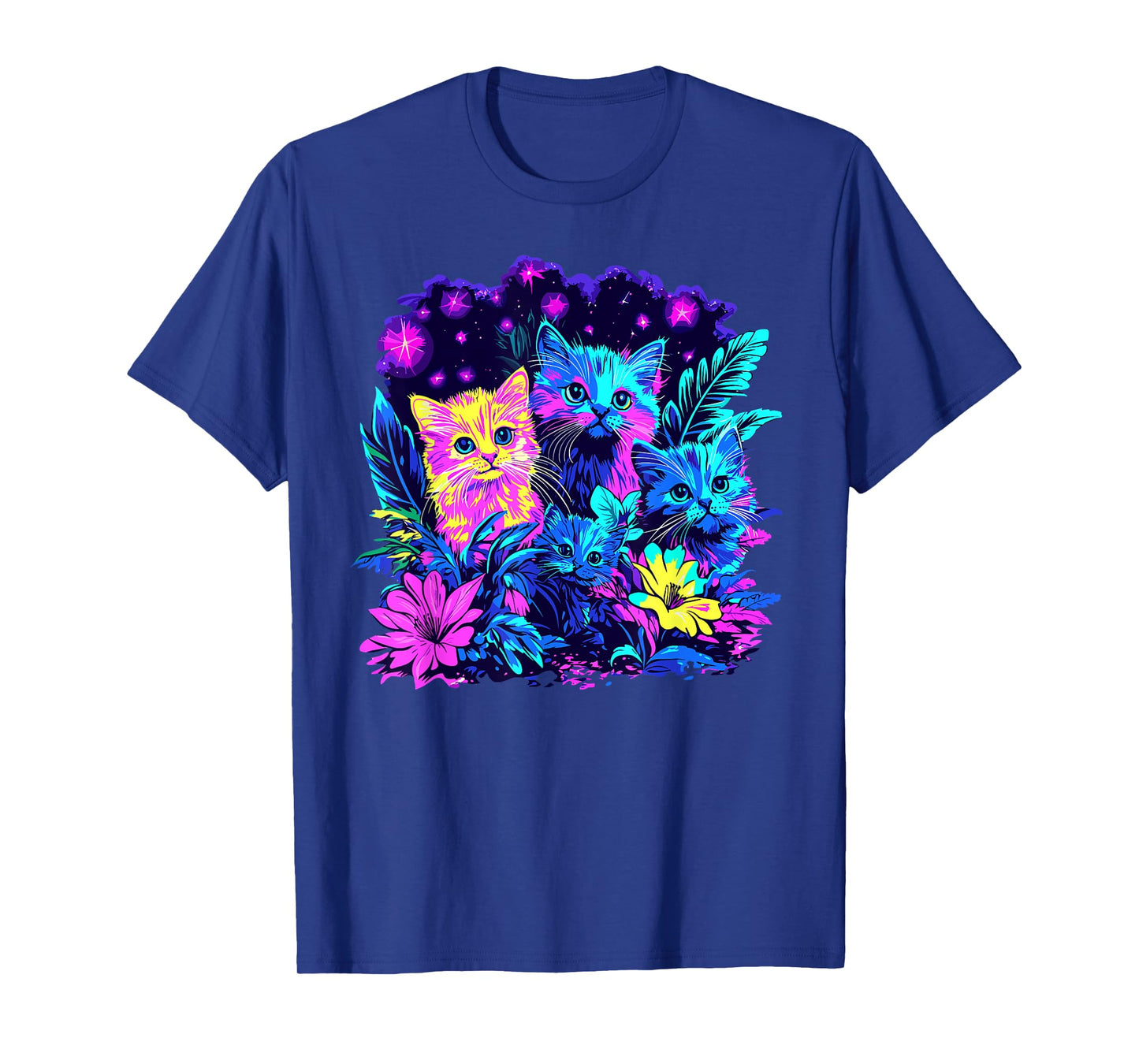 Colorful Cats Amidst Glowing Flowers T-Shirt