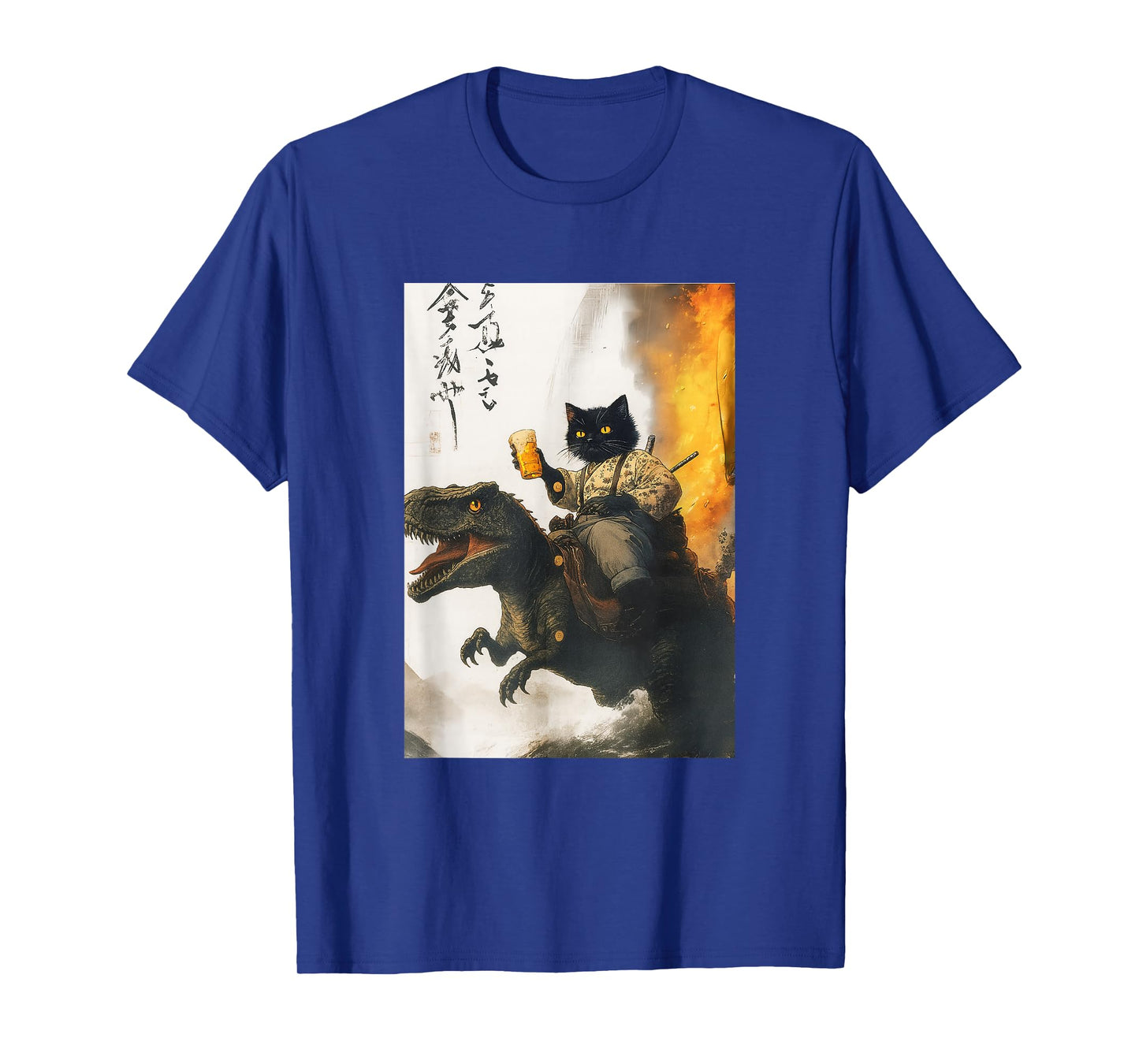 Samurai cat riding dinosaur with beer absurd warrior vibes T-Shirt