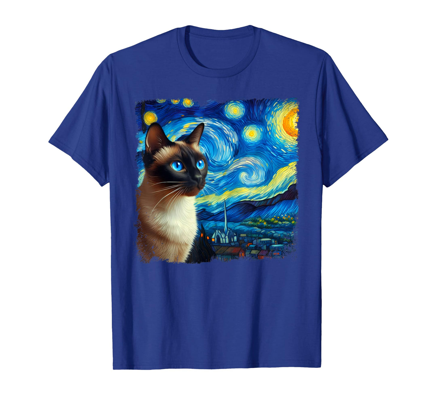 Funny Cute Siamese Cat Starry Night Van Gogh Painting T-Shirt