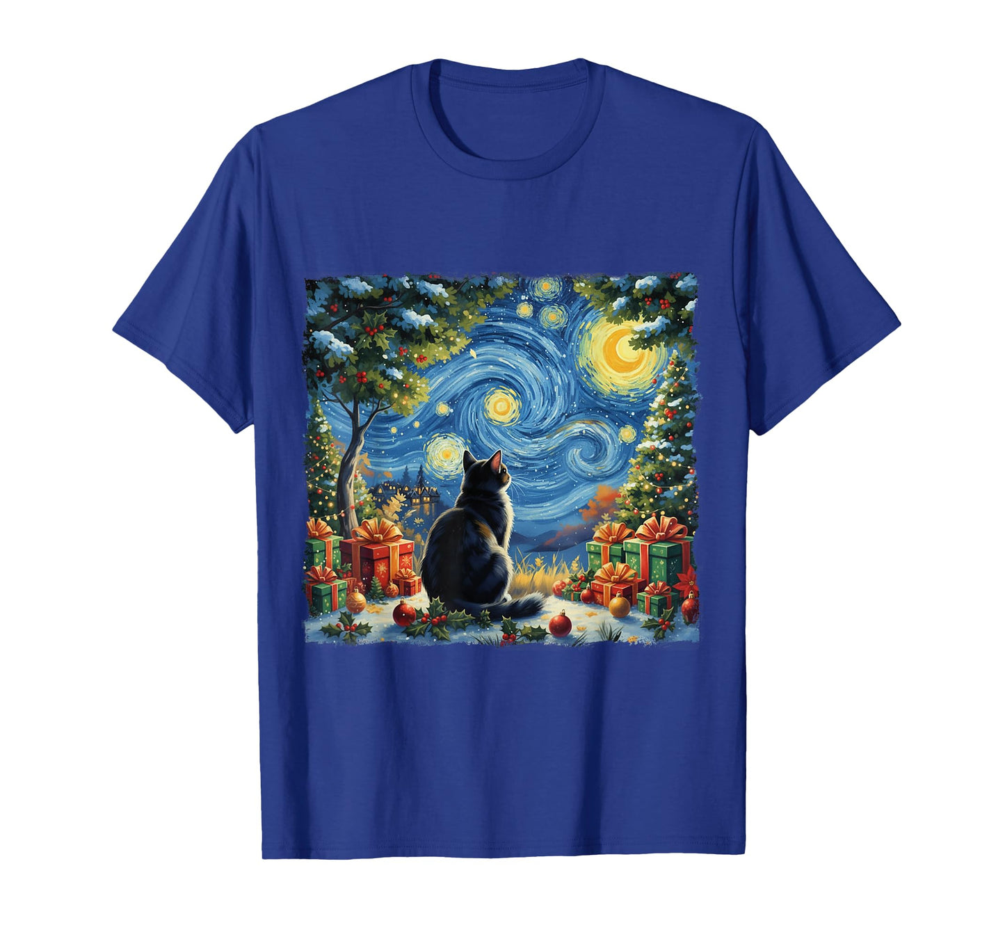 Christmas Cat Starry Night Van Gogh Santa Winter Gift Art T-Shirt