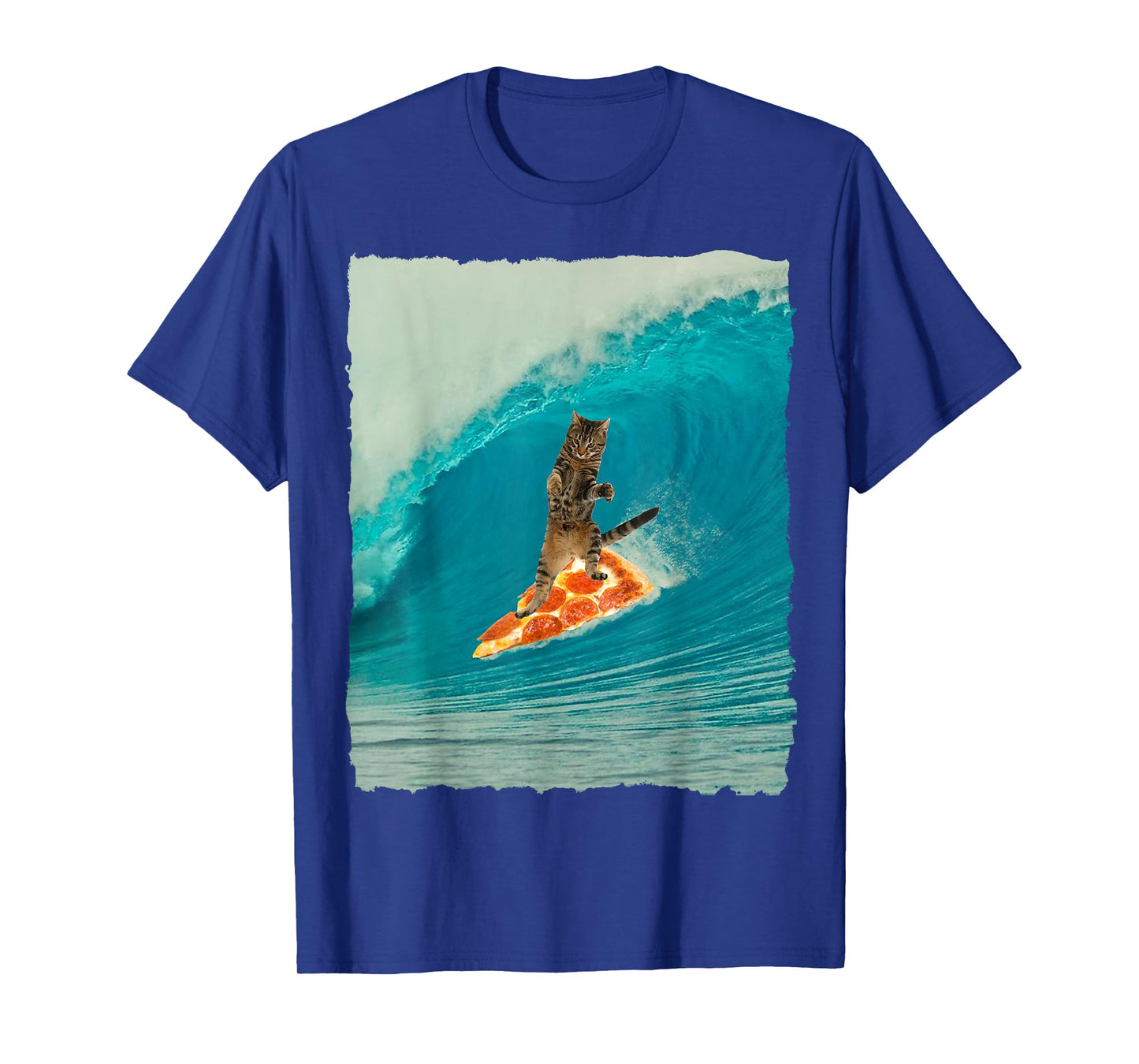 Surf Cat Shirt Kitty Riding a Wave with a Pizza Surf Board T Men Women Girls Kids T-Shirt