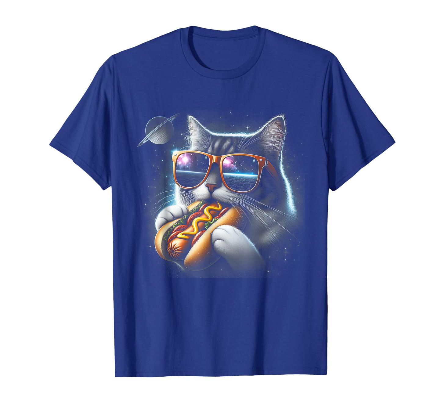 Cat Eating Funny Hot-Dog in Space Kit-Ty Gal-Axy Mens Womens T-Shirt
