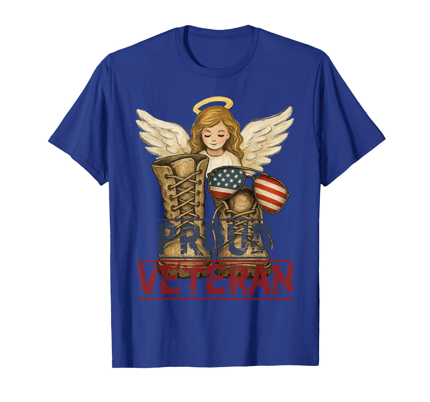 Proud Veteran Angel Wings with Combat Boots and USA Flag T-Shirt