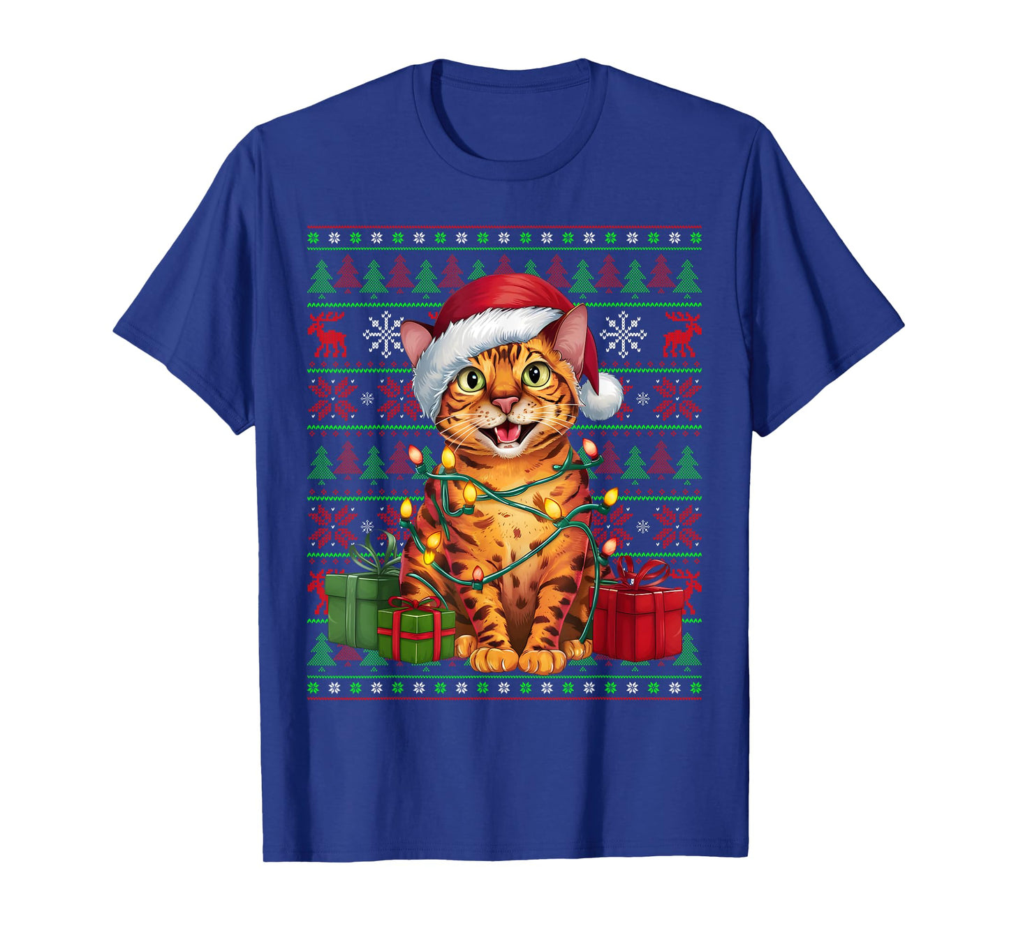 Bengal Cat Xmas Lights Ugly Santa Hat Bengal Cat Christmas Men Women Kids T-Shirt