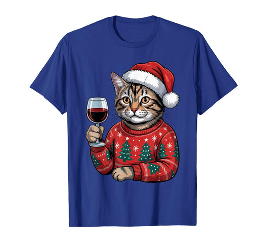 Christmas Santa Cat Drinking Wine Pajama Ugly Xmas Sweater T-Shirt