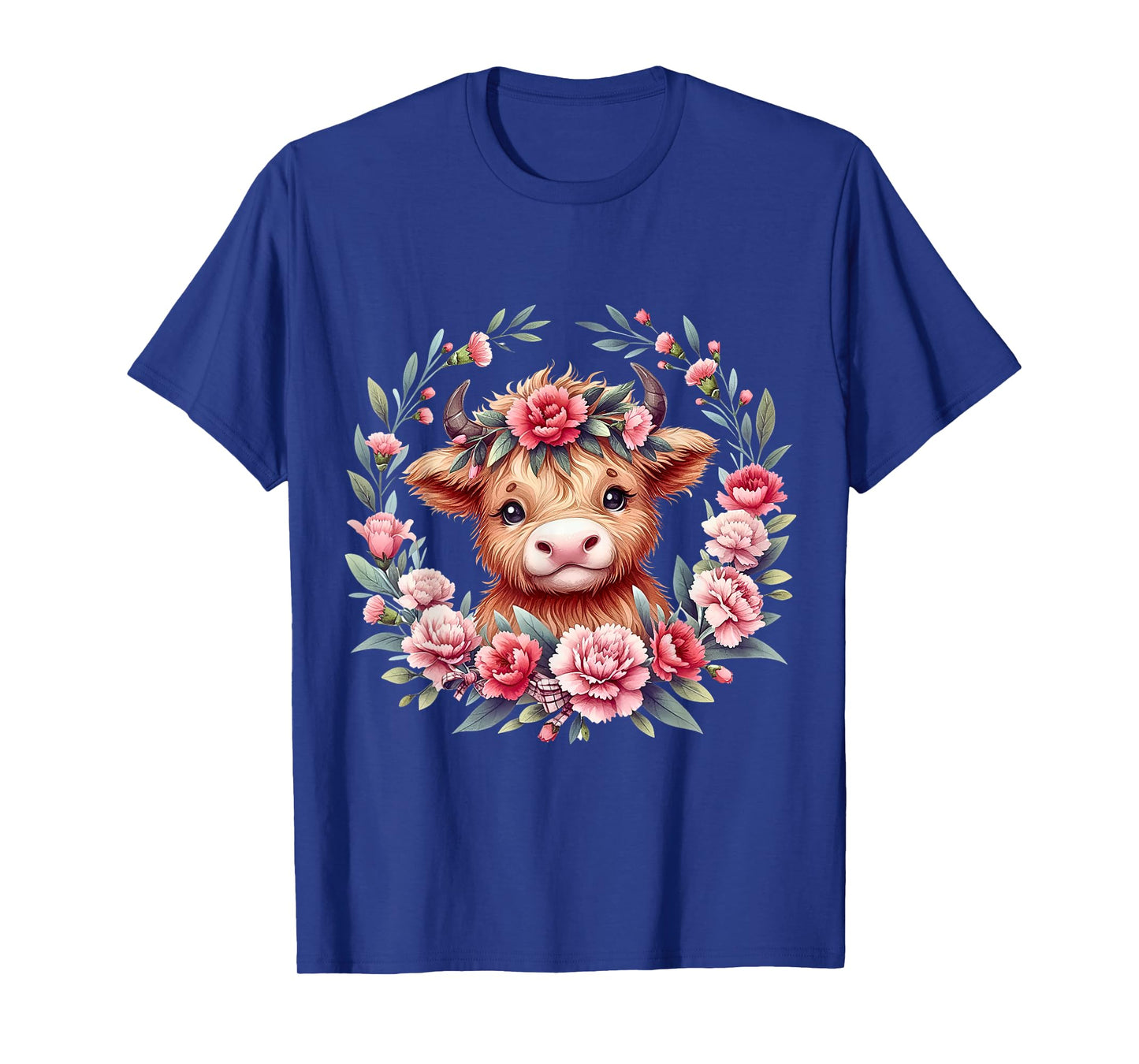 Cute Baby Highland Cow With Carnation Flower Scottish Farm T-Shirt