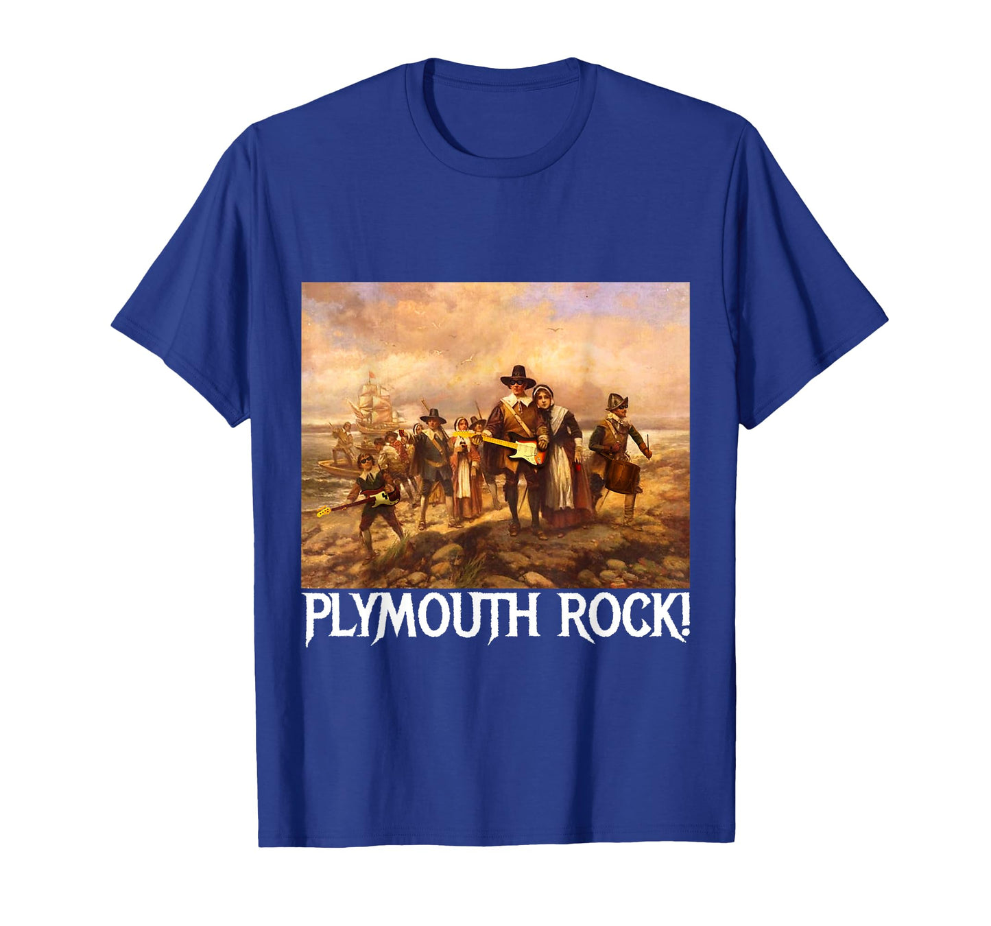 Plymouth Rock! Thanksgiving Pilgrims Rocking Guitars & Drum T-Shirt