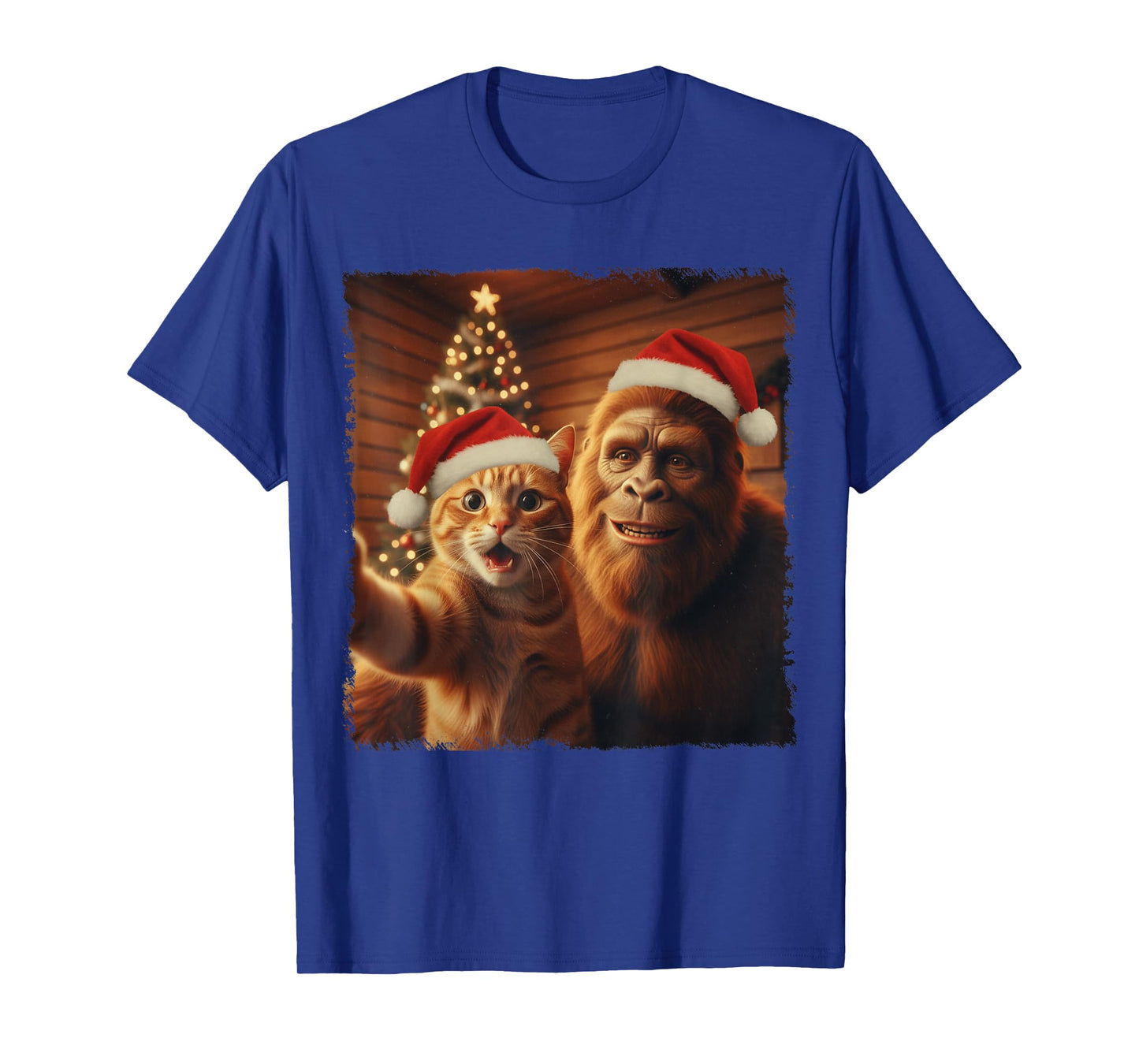 Funny Cat and Sasquatch Christmas Selfie Santa Hat Boys Men T-Shirt