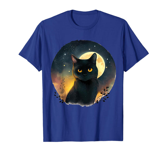 Cool Art Graphic Black Cat with Moon T-Shirt
