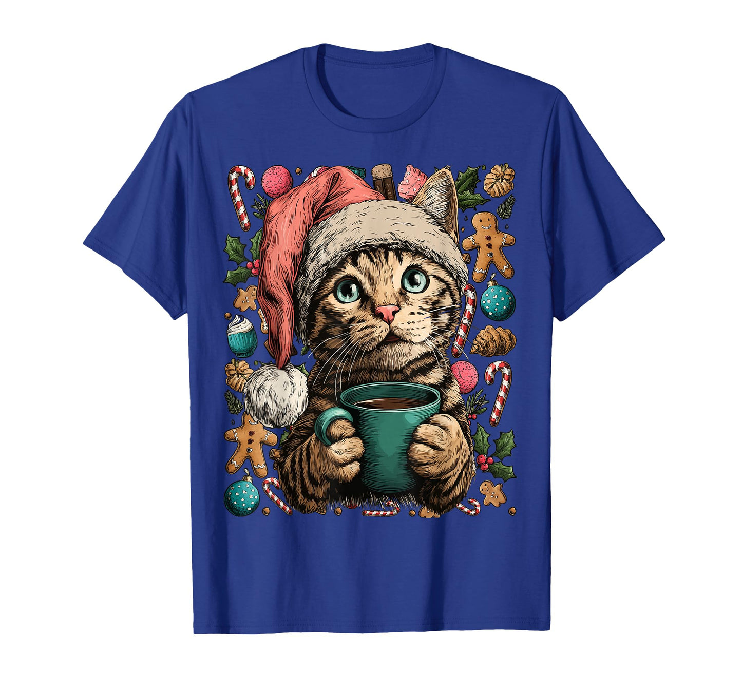 Christmas Tabby Cat with Santa Hat Cocoa Cookies Kitten T-Shirt