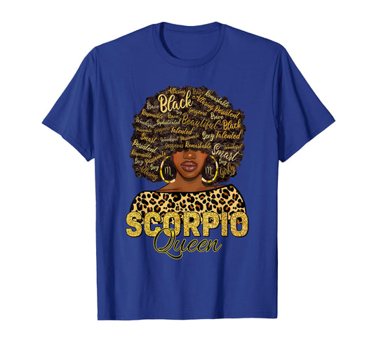 Scorpio Queen Zodiac Leopard Afro Hair Black Woman T-Shirt