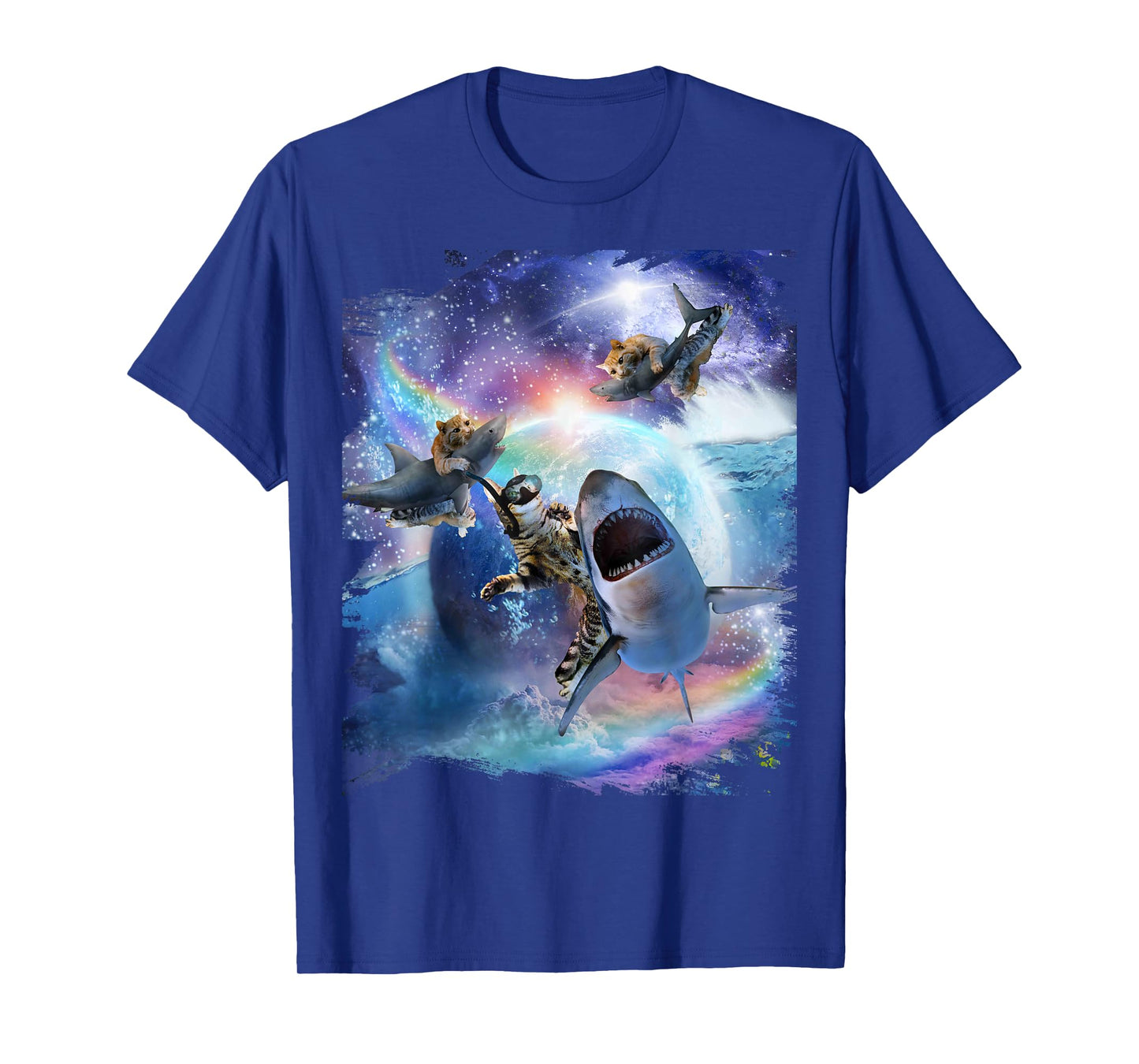 Rainbow Galaxy Cat Riding Shark in Space T-Shirt