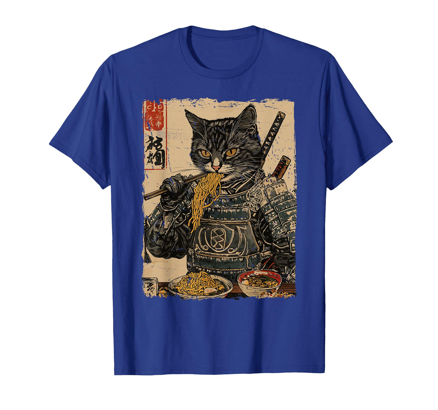 Samurai Cat Loves Ramen Funny Anime Japanese Artwork Samurai T-Shirt