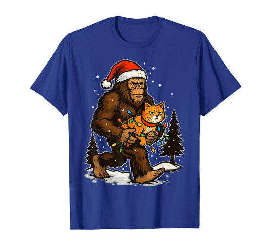 Christmas Bigfoot with Cat and Lights Santa Hat Funny Xmas T-Shirt